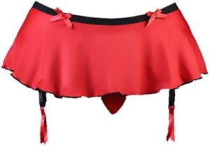 Red sissy underwear with skirt and garter.