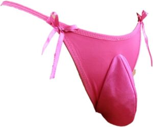 Small pink panties with pouch in the front for big sissy men.