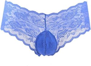 Men's blue pouch undies in floral lace.