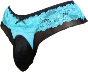 Sissy men's black and turquoise pouch panties in string model.
