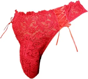 Red G-strings with pouch for the package in floral lace fabric.