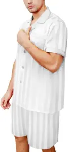 Men's white silky pajama. Shirt with short sleeves and boxer shorts with short legs