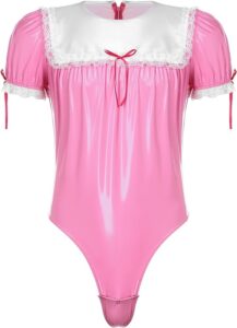 Wet looking girly bodysuit in pink color for crossdressers.