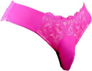 Men's strong pink pouch panties in lace fabric.