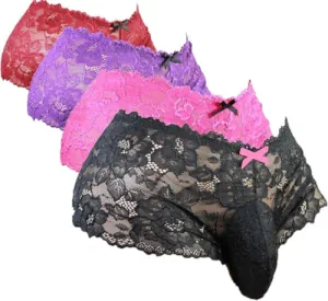 4 lace pouch panties for men in red, purple, pink and black color.