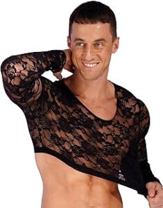 Man wearing black lace top.