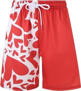 Loose fitting boxers with heart pattern in red and white.