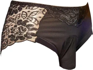 Men's black pouch panties with lace in feminine style.