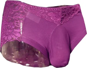 Men's purple lace panties with bulge pouch.