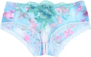 Women's panties in light blue with pink flower pattern made for big sissy men.