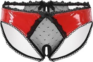 Sissy guys panties with open crotch in red and black color.