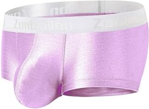 Shiny purple bulge pouch panties for big sissy men.