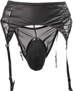 Black G-string underwear with garter for crossdressing men.