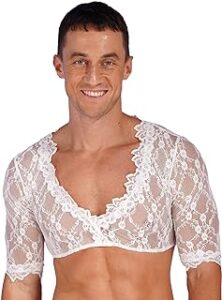 Man wearing white short lace top.