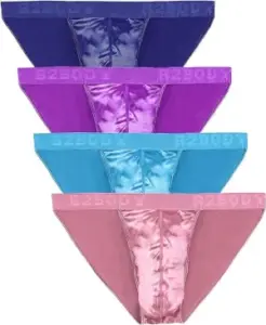 Shiny satin briefs in dark blue, purple, turqouise and pink color.