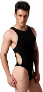 Men's black mankini bodysuit.