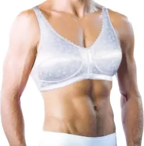 Men's shiny white pocket bra for fake breasts.