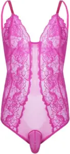 Womens lace bodysuit for crossdressing men in hot pink color.