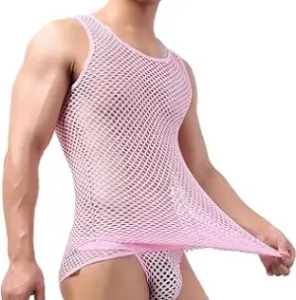 Men's pink fishnet tank top.