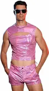 Men's pink crop top and shorts set.
